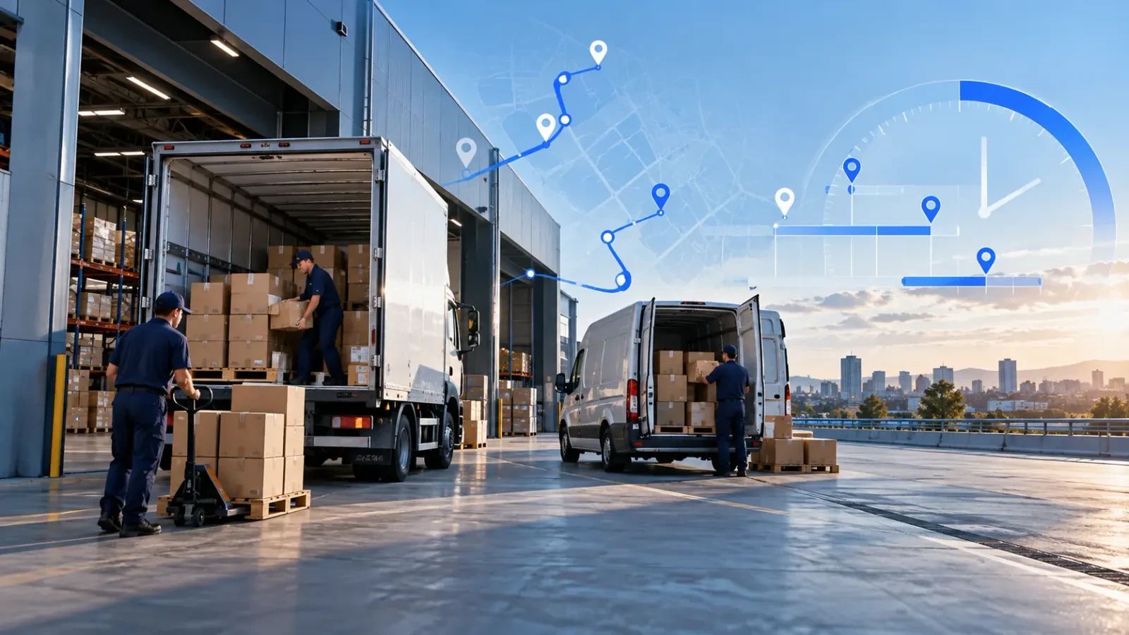 Workers loading boxes onto a truck and a van at a warehouse dock, with map routes and a time indicator in the sky