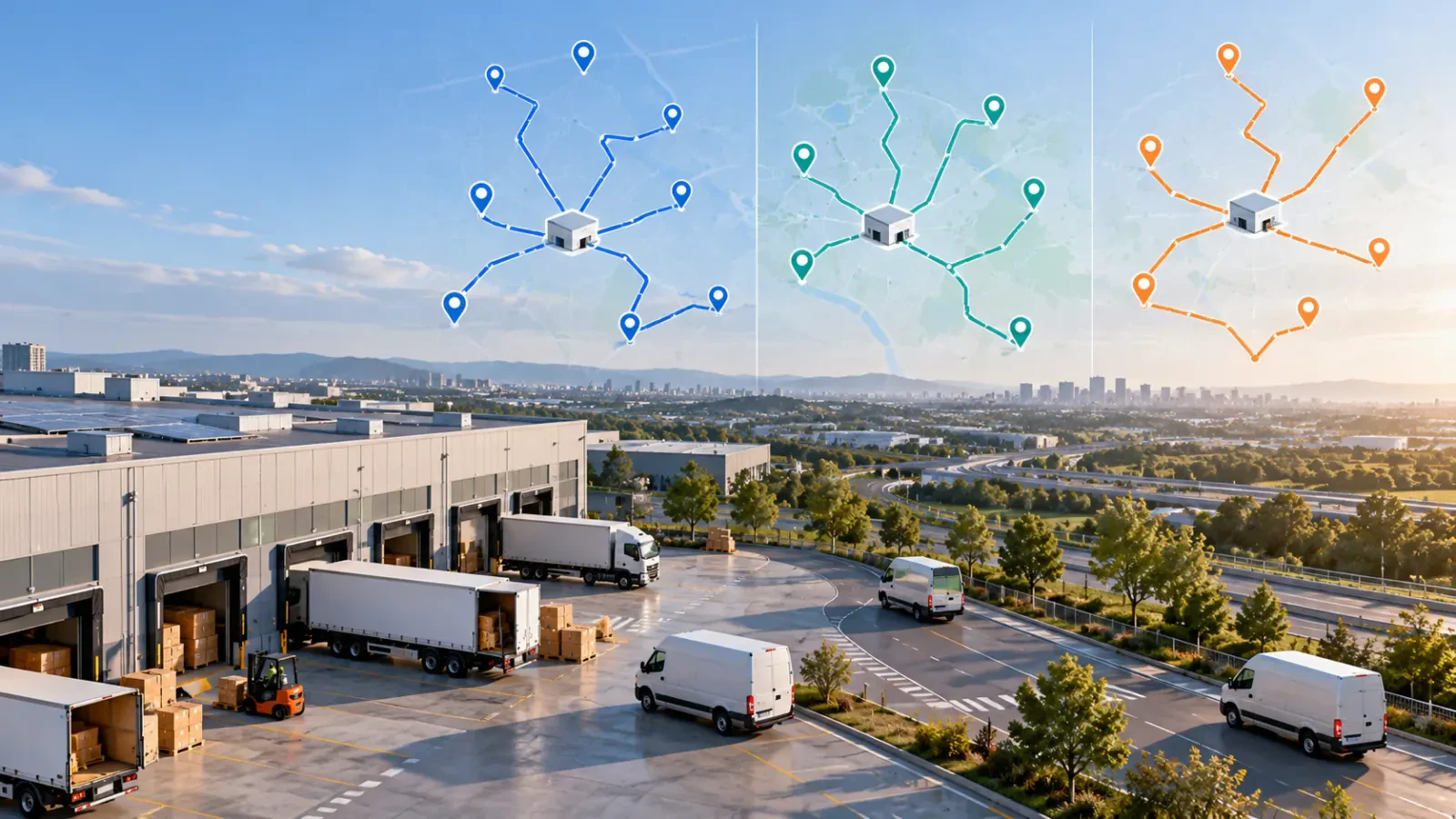 Map drawings above a depot and trucks, each in a different color, showing the route plans of three separate days