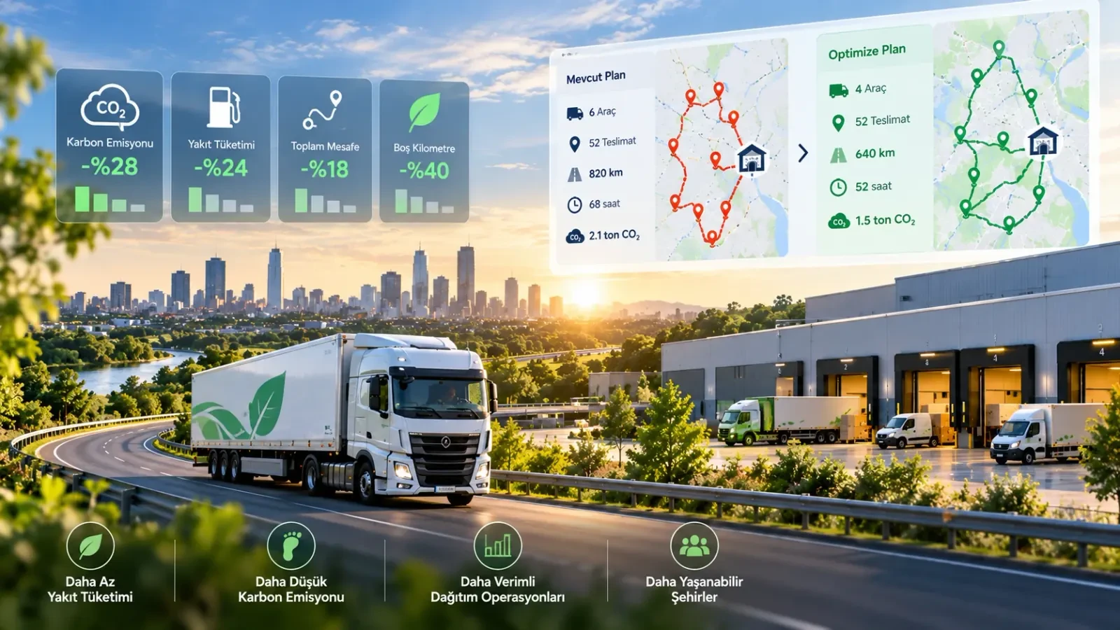 Gün batımında şehir ve depo önünde yeşil yaprak logolu kamyon, üzerinde mevcut ve optimize rota planlarını karşılaştıran bir ekran