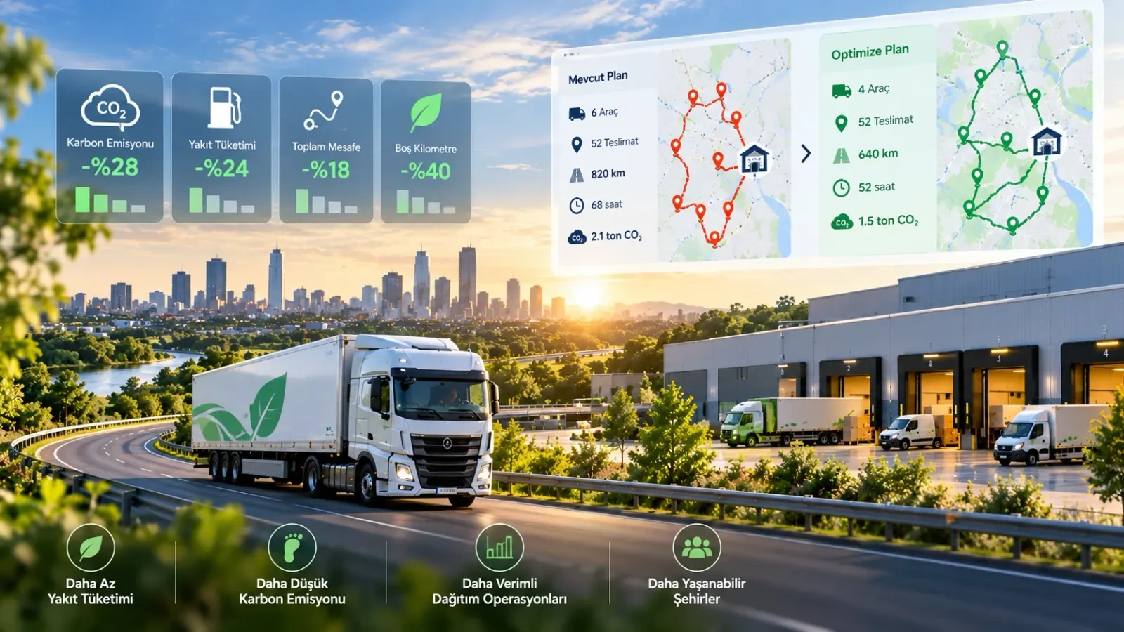 Gün batımında şehir ve depo önünde yeşil yaprak logolu kamyon, üzerinde mevcut ve optimize rota planlarını karşılaştıran bir ekran