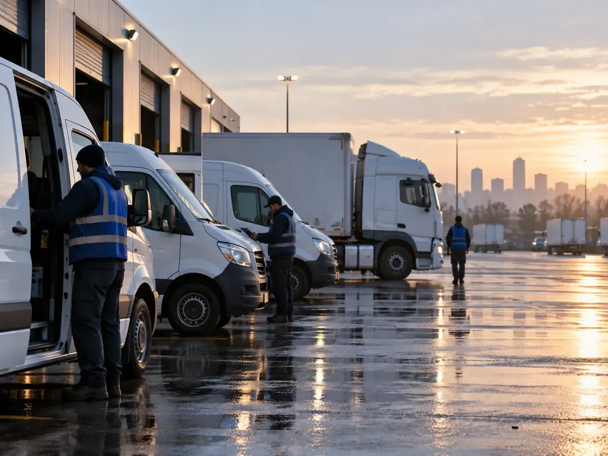 Lojistik merkezinde sıralanmış teslimat araçları ve yük taşıyan bir sürücü