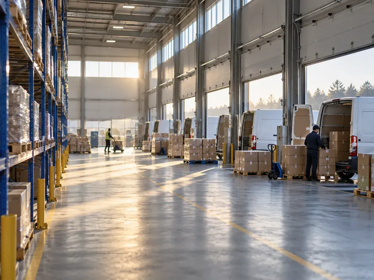 Yükleme rampaları ve paletli ürünlerle dolu bir dağıtım deposu