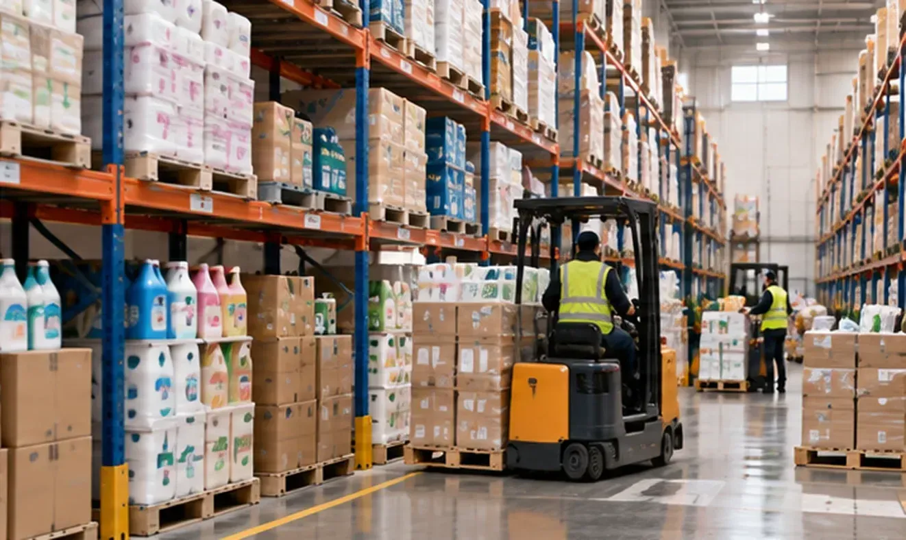 Raflarda temizlik ve ev bakım ürünleri bulunan depoda forkliftle çalışan personel