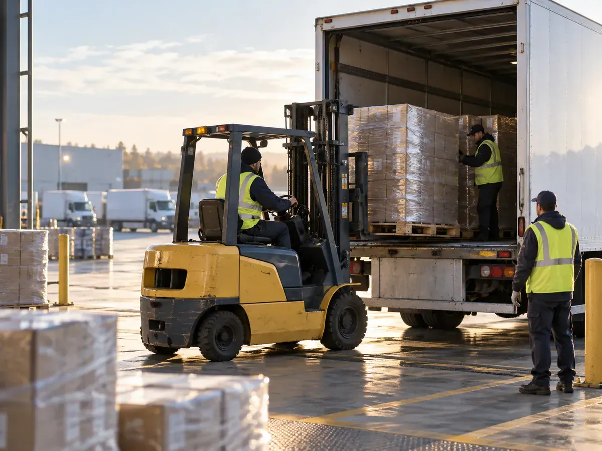 Fabrika yükleme alanında forkliftle kamyona palet yükleyen çalışanlar