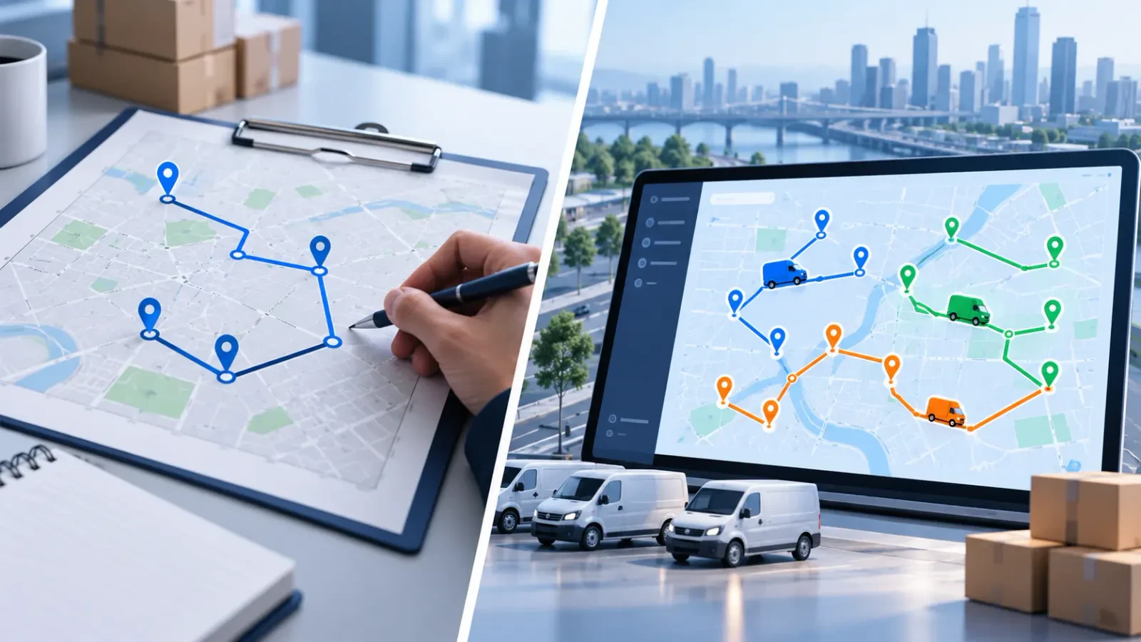 A route drawn by hand on a paper map on the left, vehicle routes shown in different colors on a screen on the right